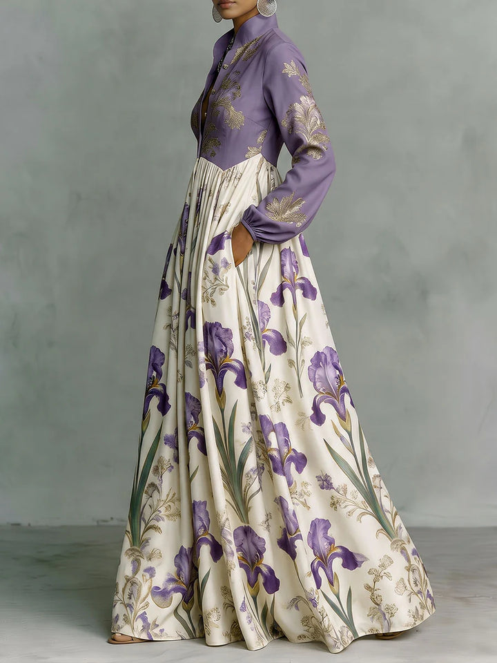 VESTIDO MAXI DE CINTURA ALTA EM A COM ESTAMPADO FLORAL, CONTRASTE DE CORES, BOTÕES, BOLSOS E DRAPEADO - GOLA MAO
