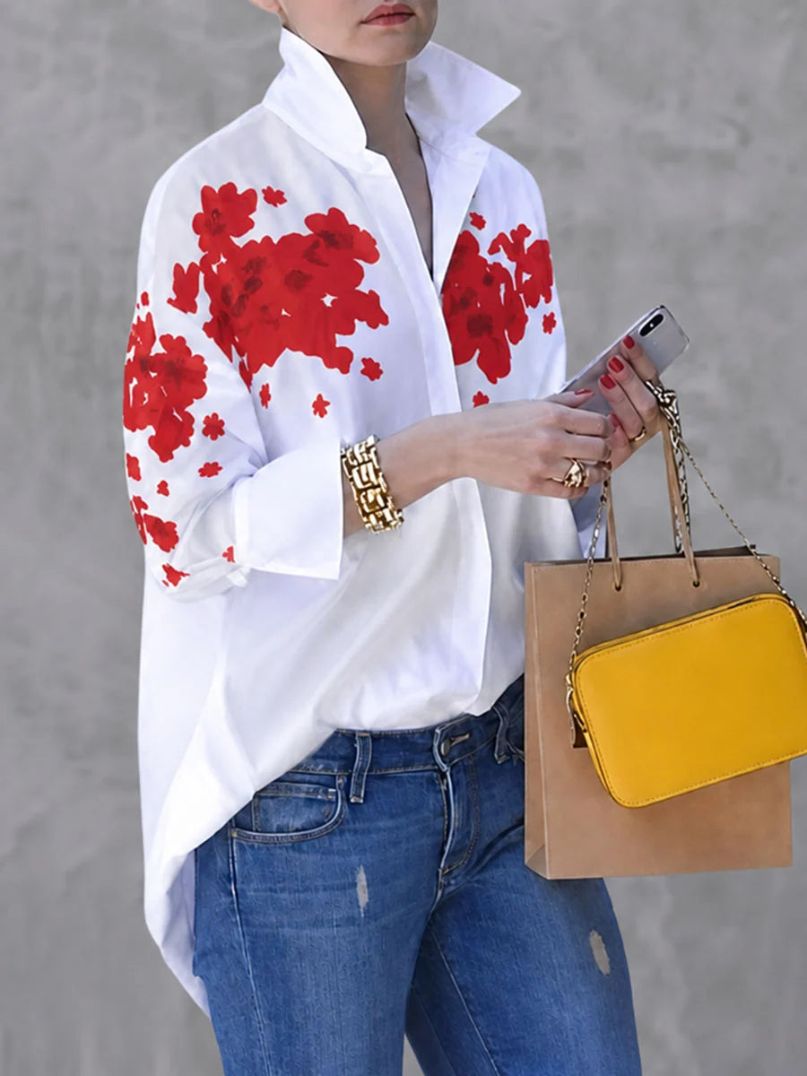 Blusa Camisa Estampado Floral Manga Larga Con Cuello En V Anudada Y Botones