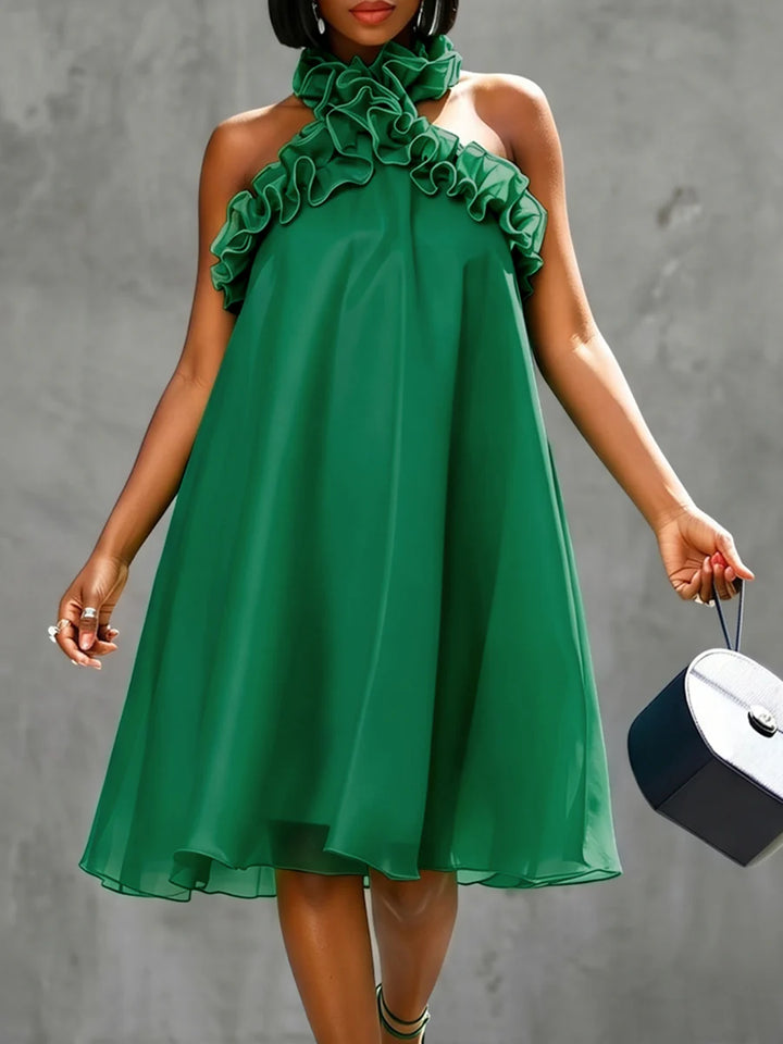 Vestido Midi Holgado Corte En A Con Cuello Halter, Espalda Descubierta Y Color Liso