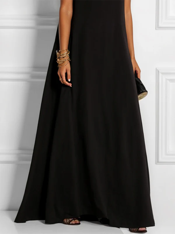 Vestido Maxi Solto Sem Mangas Gola Redonda Vazado Uniões Divididas Cor Sólida