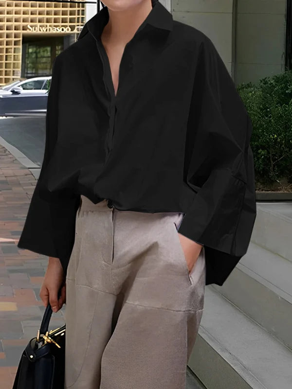 Blusa De Manga Larga Suelta Con Cuello Solapa - Colores Lisos