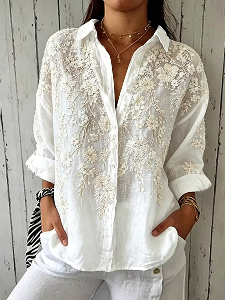 Women's Casual Long-Sleeve Linen Shirt with White Floral Embroidery