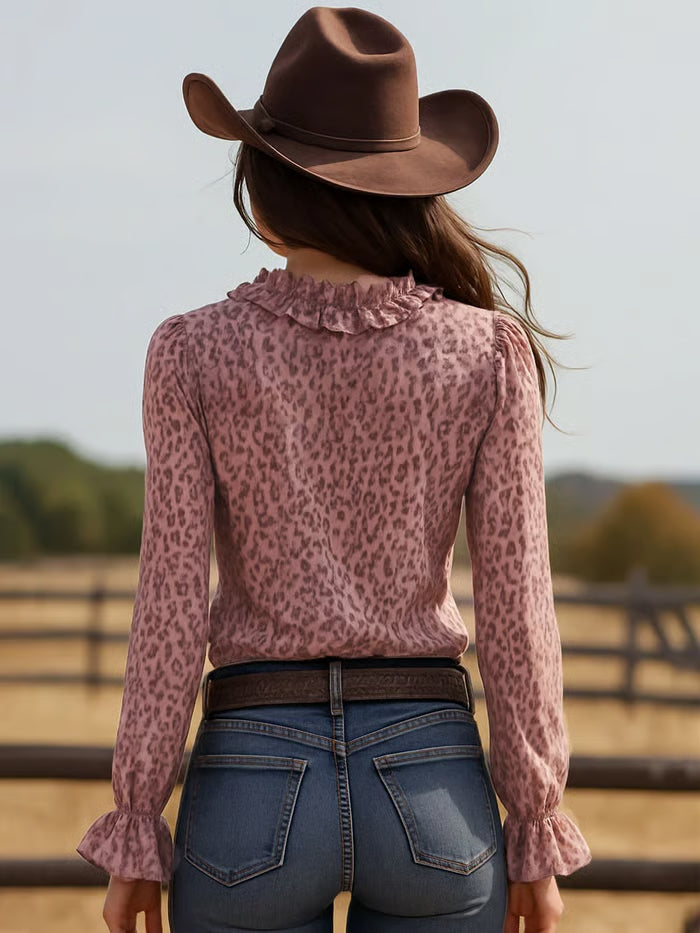 BLUSA DE CHIFÓN LEOPARDO ROSA CON CUELLO EN V DE VOLANTES Y MANGA LARGA