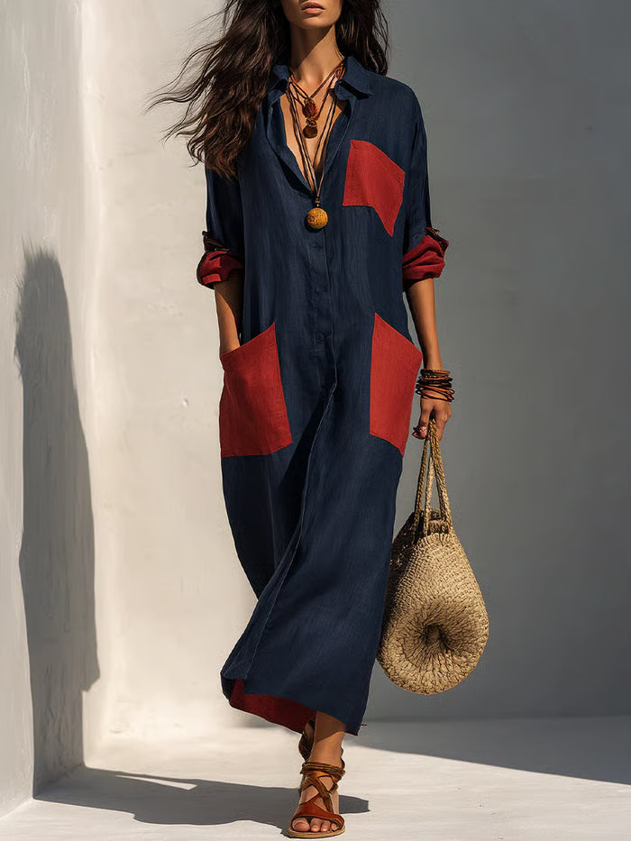 VESTIDO MIDI OVERSIZE CON BOLSILLOS PARCHE - ELEGANCIA SIN ESFUERZO