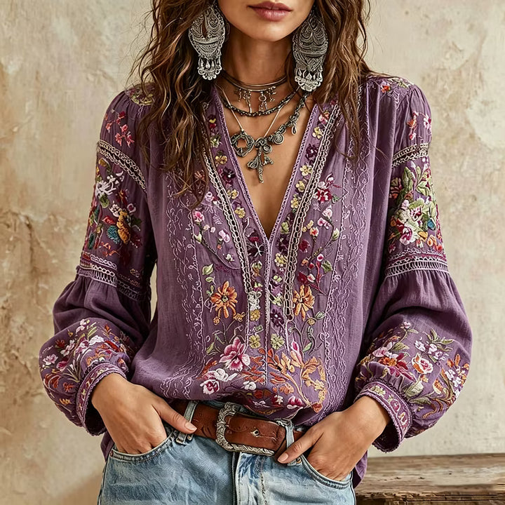 Camisa Holgada Manga Larga Con Cuello En V Y Bordado De Arte Floral Degradado Púrpura Vintage