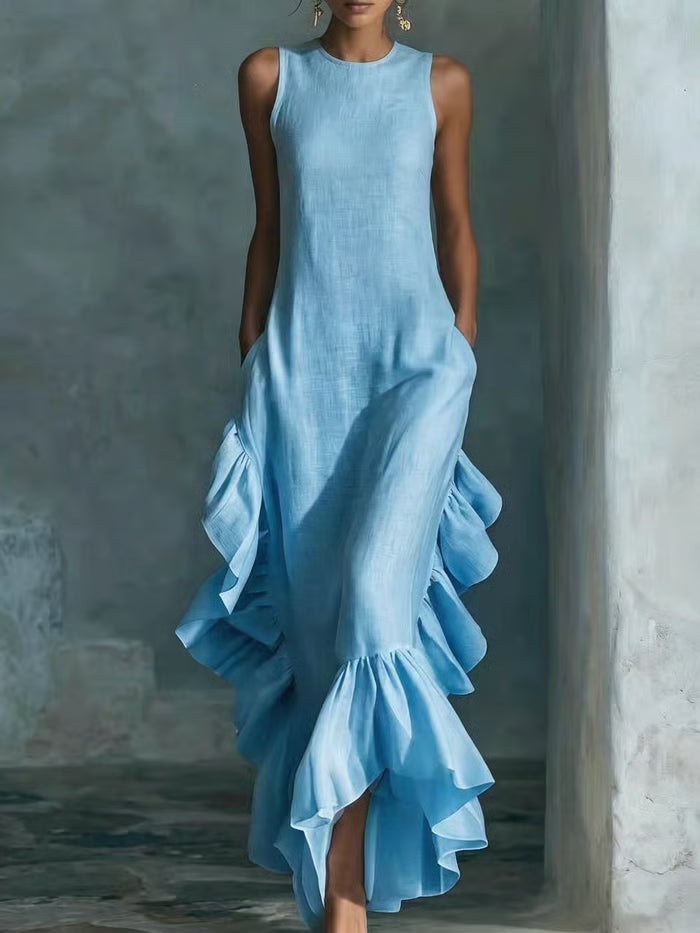 Vestido Maxi Sin Mangas Con Volantes Laterales En Cascada Y Bolsillos