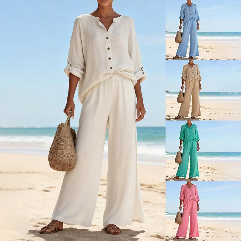 CONJUNTO FEMENINO VINTAGE DE DOS PIEZAS EN LINO: CAMISA Y PANTALÓN