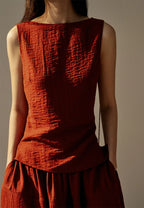 Conjunto lino top con cordones y falda elegante casual