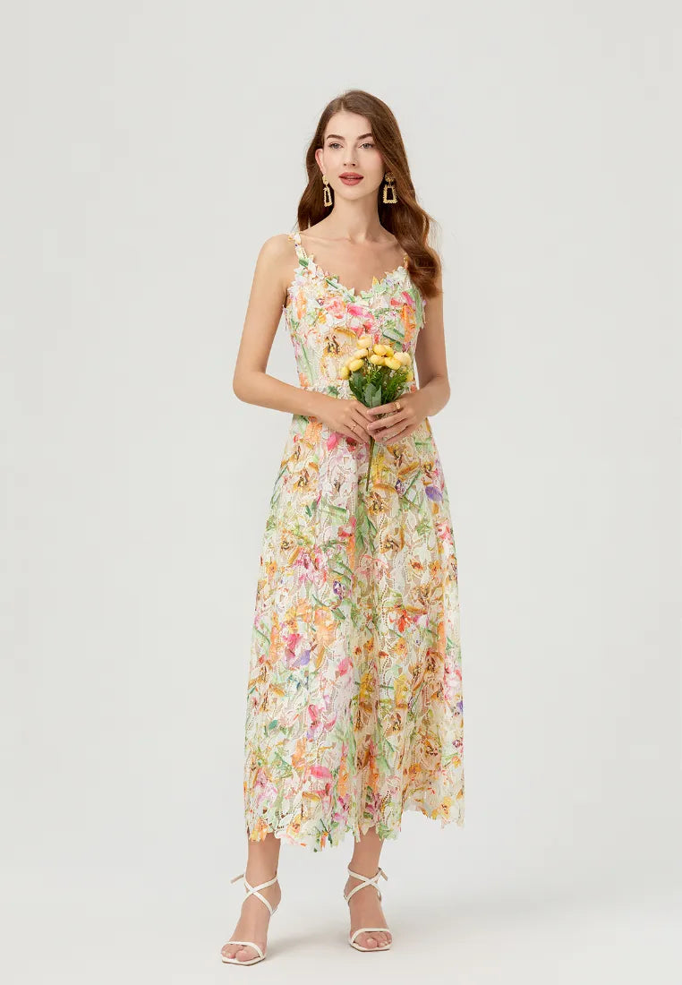 Vestido Maxi Boho Floral Com Renda e Alças Finas