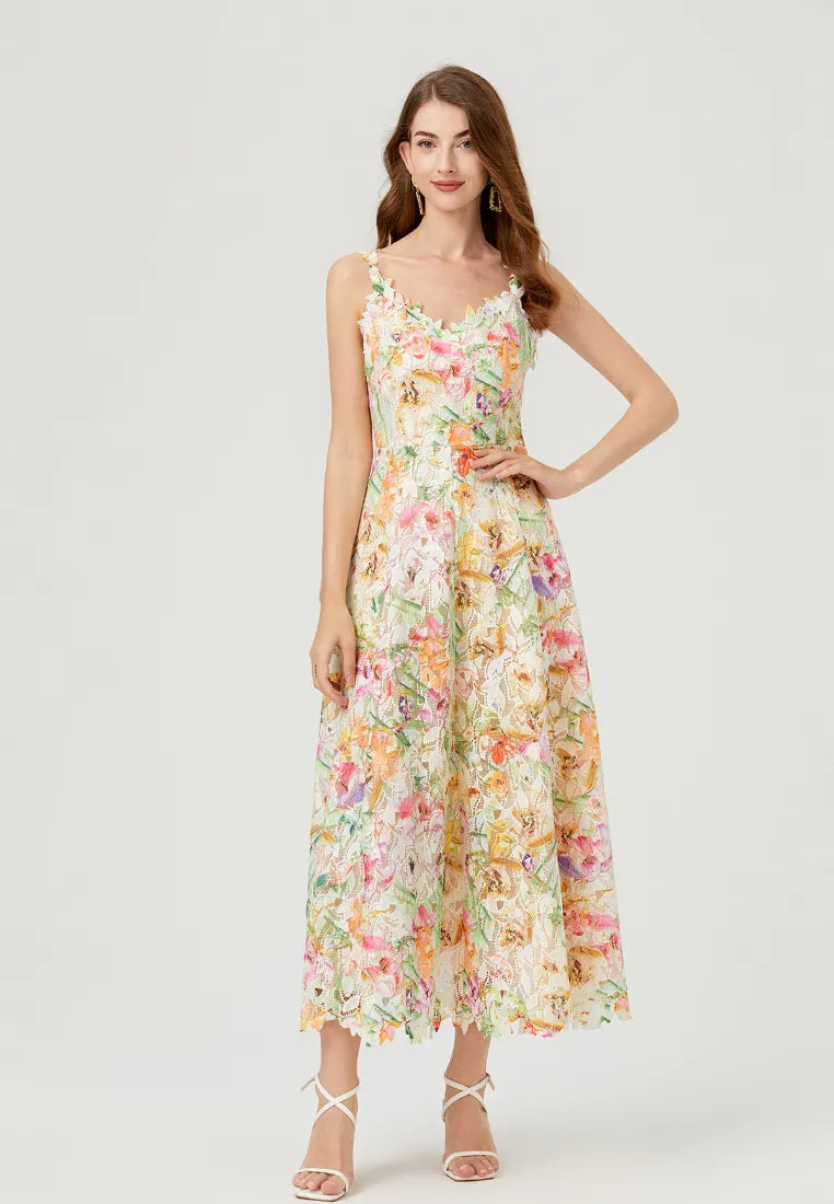 Vestido maxi cami boho floral con encaje y tirantes finos k26060801