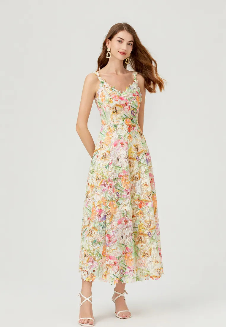 Vestido maxi cami boho floral con encaje y tirantes finos k26060801