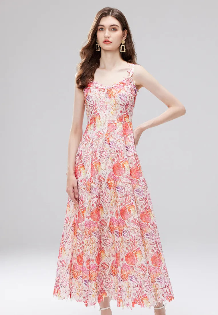 Vestido maxi cami boho floral con encaje y tirantes finos k26060801