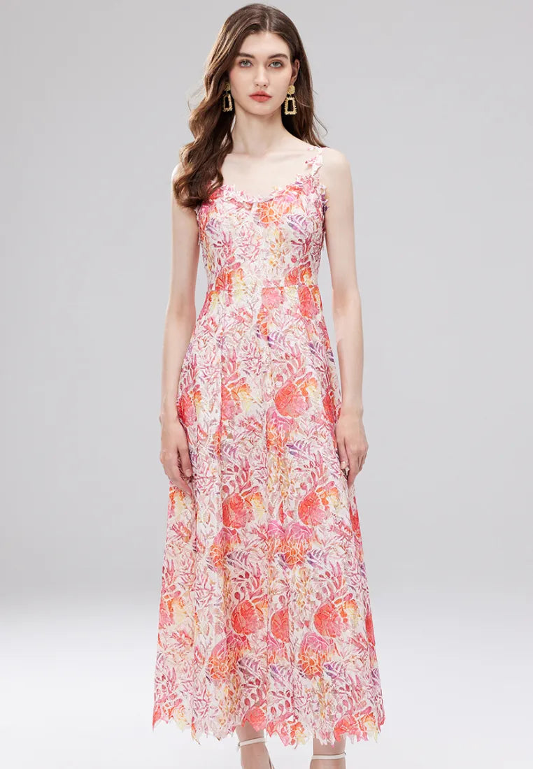 Vestido maxi cami boho floral con encaje y tirantes finos k26060801