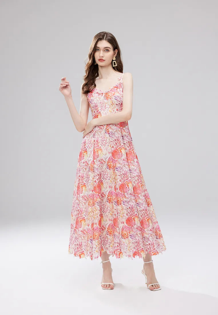 Vestido maxi cami boho floral con encaje y tirantes finos k26060801