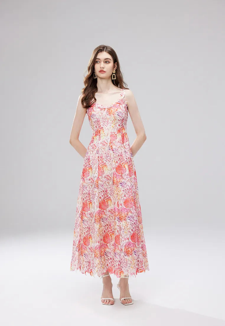 Vestido maxi cami boho floral con encaje y tirantes finos k26060801