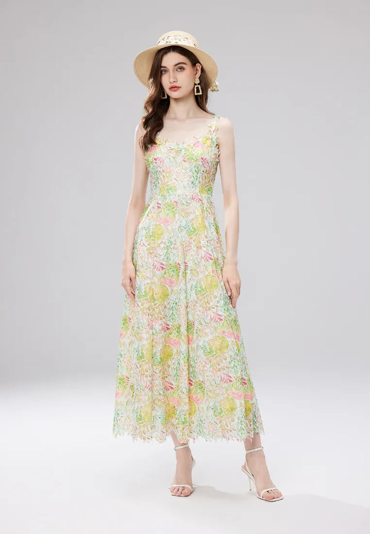 Vestido Maxi Boho Floral Com Renda e Alças Finas