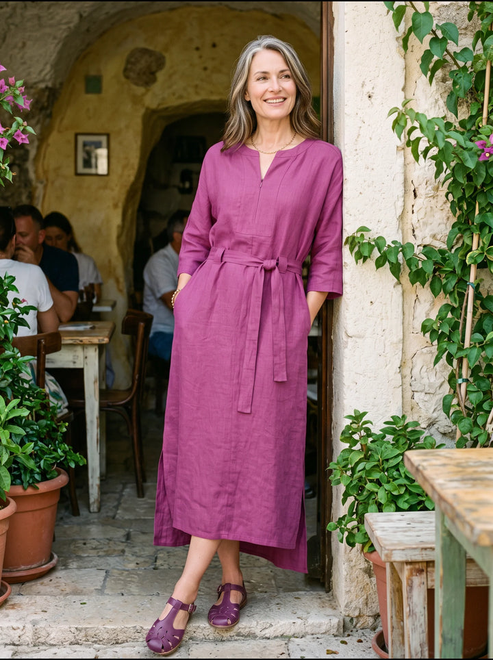 Solene - Vestido Maxi De Lino 100% Cocoon Con Lazada Lateral