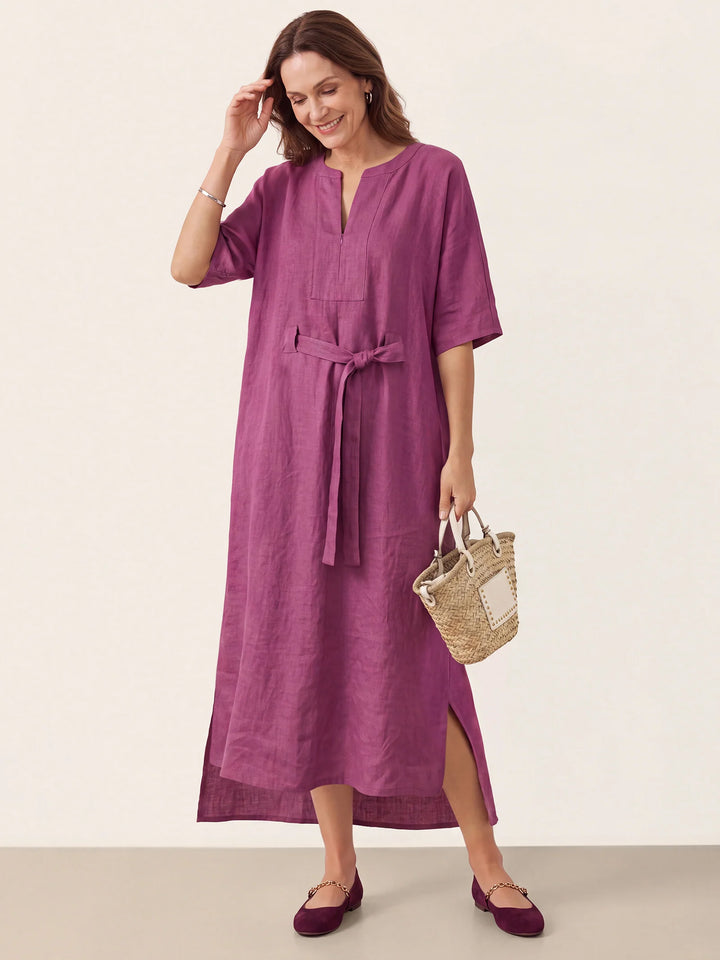 Solene - Vestido Maxi De Lino 100% Cocoon Con Lazada Lateral