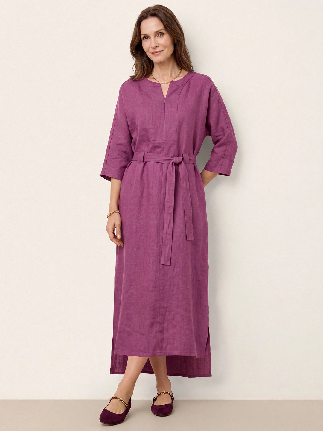 Solene - Vestido Maxi De Lino 100% Cocoon Con Lazada Lateral