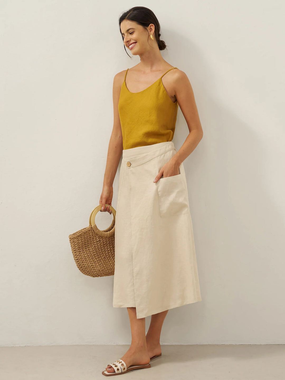 Fressa | Linen Angular Wrap Skirt with Elastic Waist