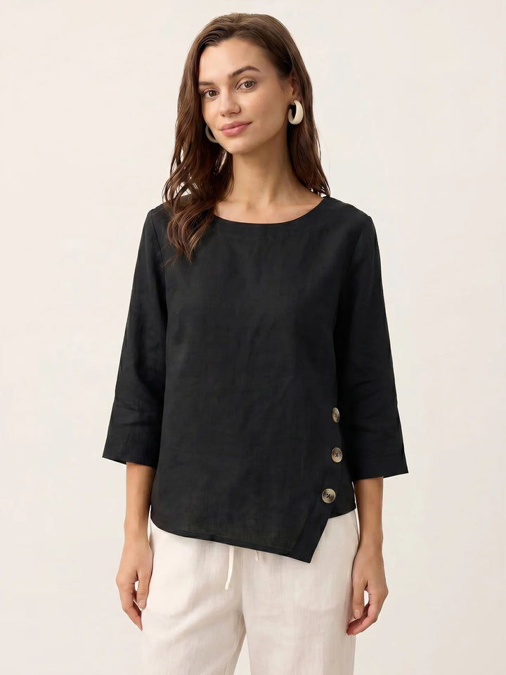 Nyla | Linen Top With Asymmetrical Hem And Decorative Buttons