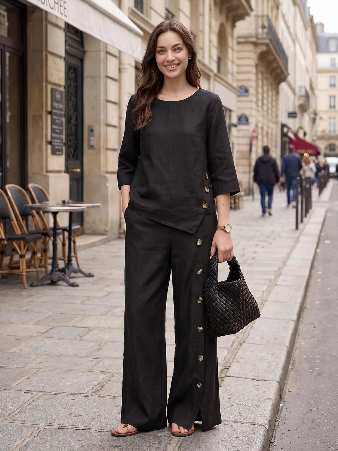 Nyla | Linen Top With Asymmetrical Hem And Decorative Buttons