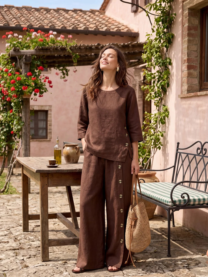 Nyla | Linen Top With Asymmetrical Hem And Decorative Buttons