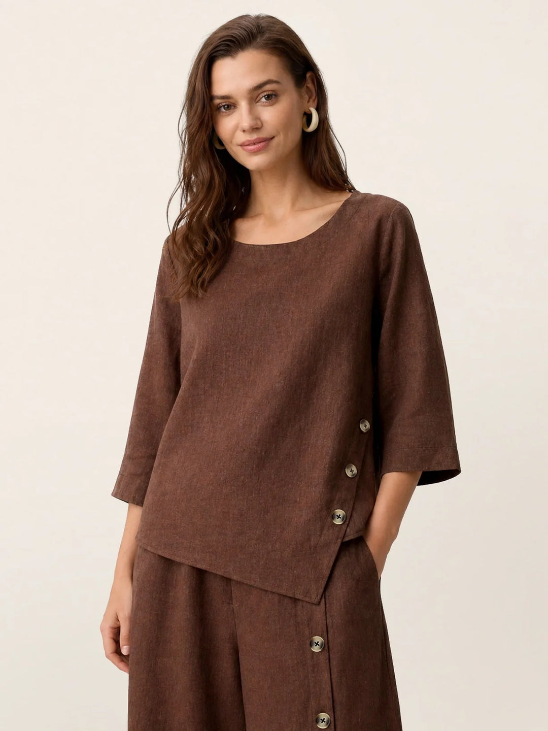 Nyla | Linen Top With Asymmetrical Hem And Decorative Buttons