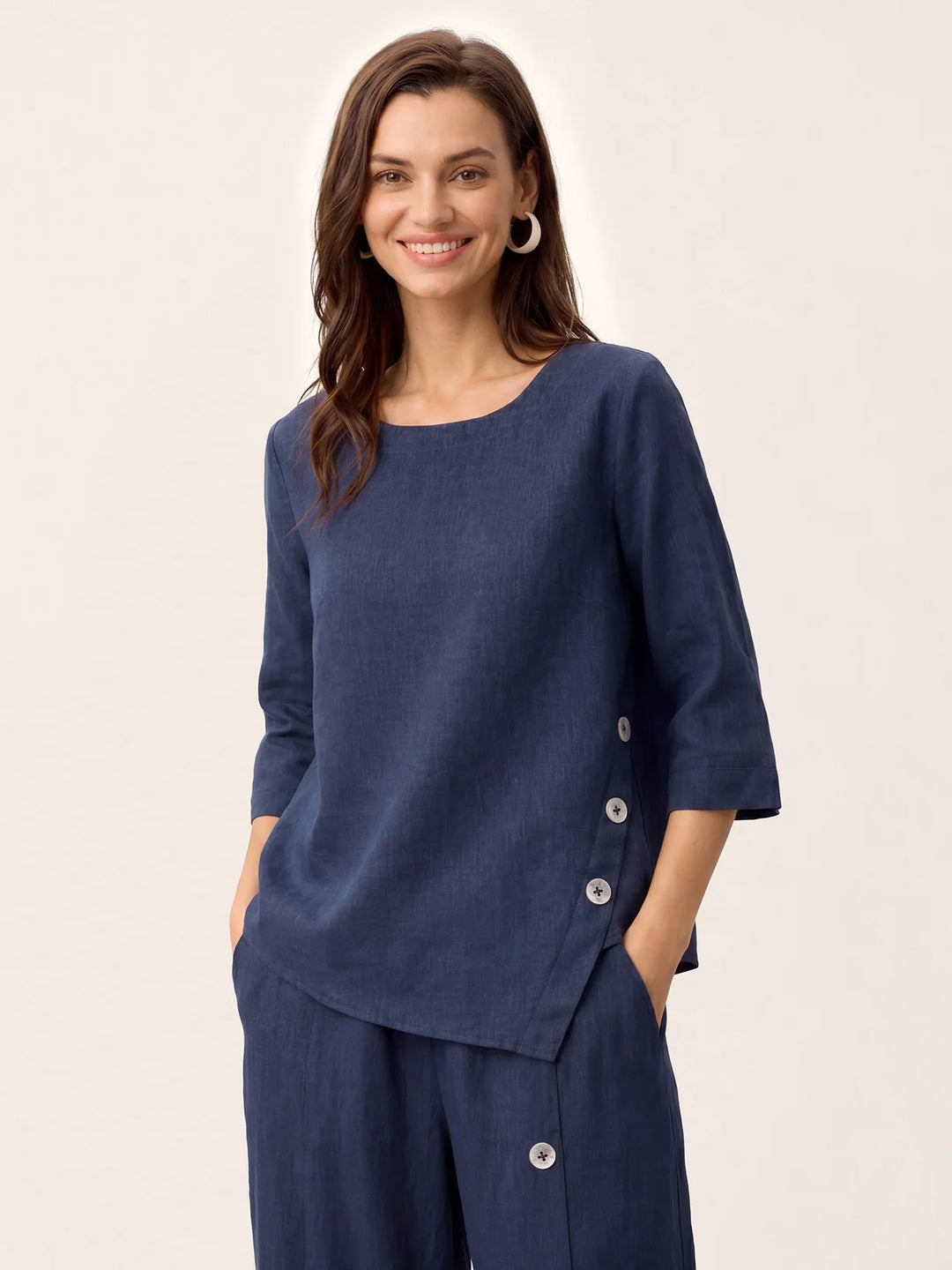 Nyla | Linen Top With Asymmetrical Hem And Decorative Buttons