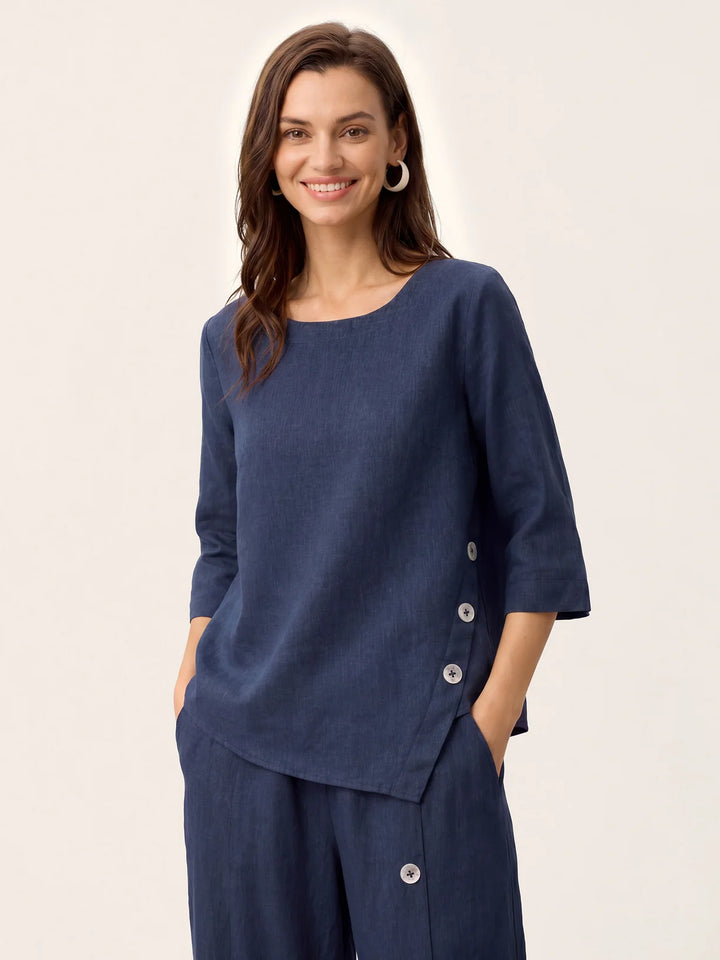 Nyla | Linen Top With Asymmetrical Hem And Decorative Buttons