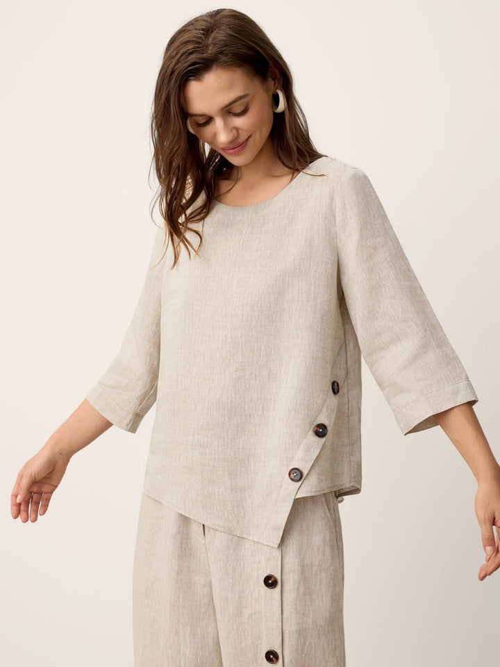 Nyla | Linen Top With Asymmetrical Hem And Decorative Buttons