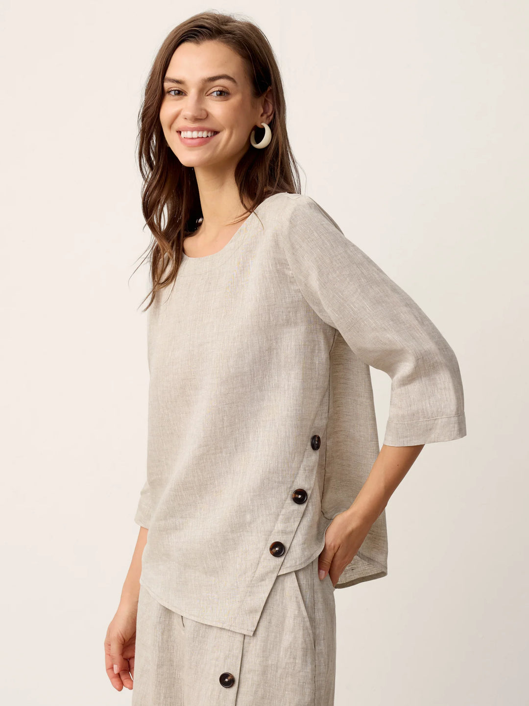 Nyla | Linen Top With Asymmetrical Hem And Decorative Buttons