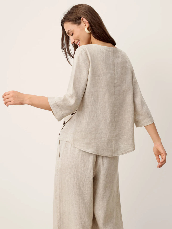 Nyla | Linen Top With Asymmetrical Hem And Decorative Buttons