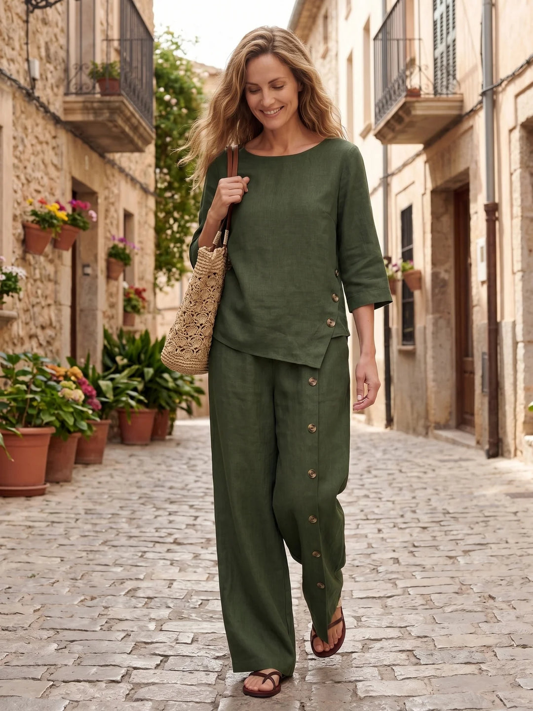 Nyla | Linen Top With Asymmetrical Hem And Decorative Buttons