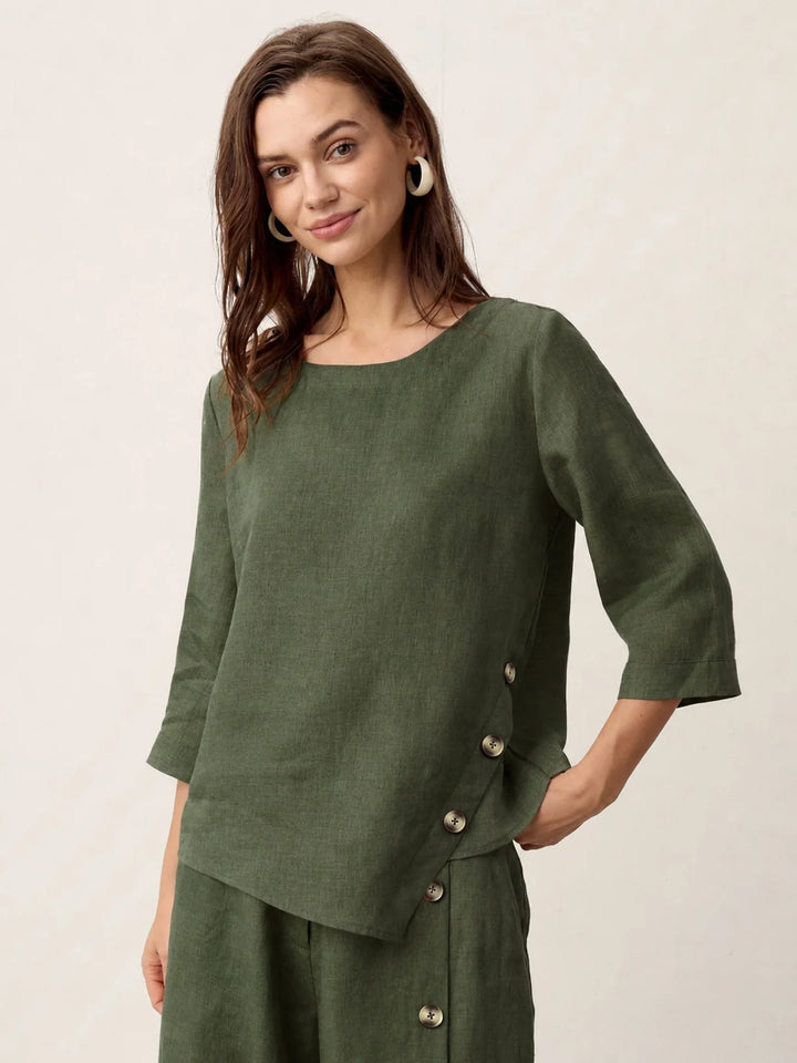 Nyla | Linen Top With Asymmetrical Hem And Decorative Buttons