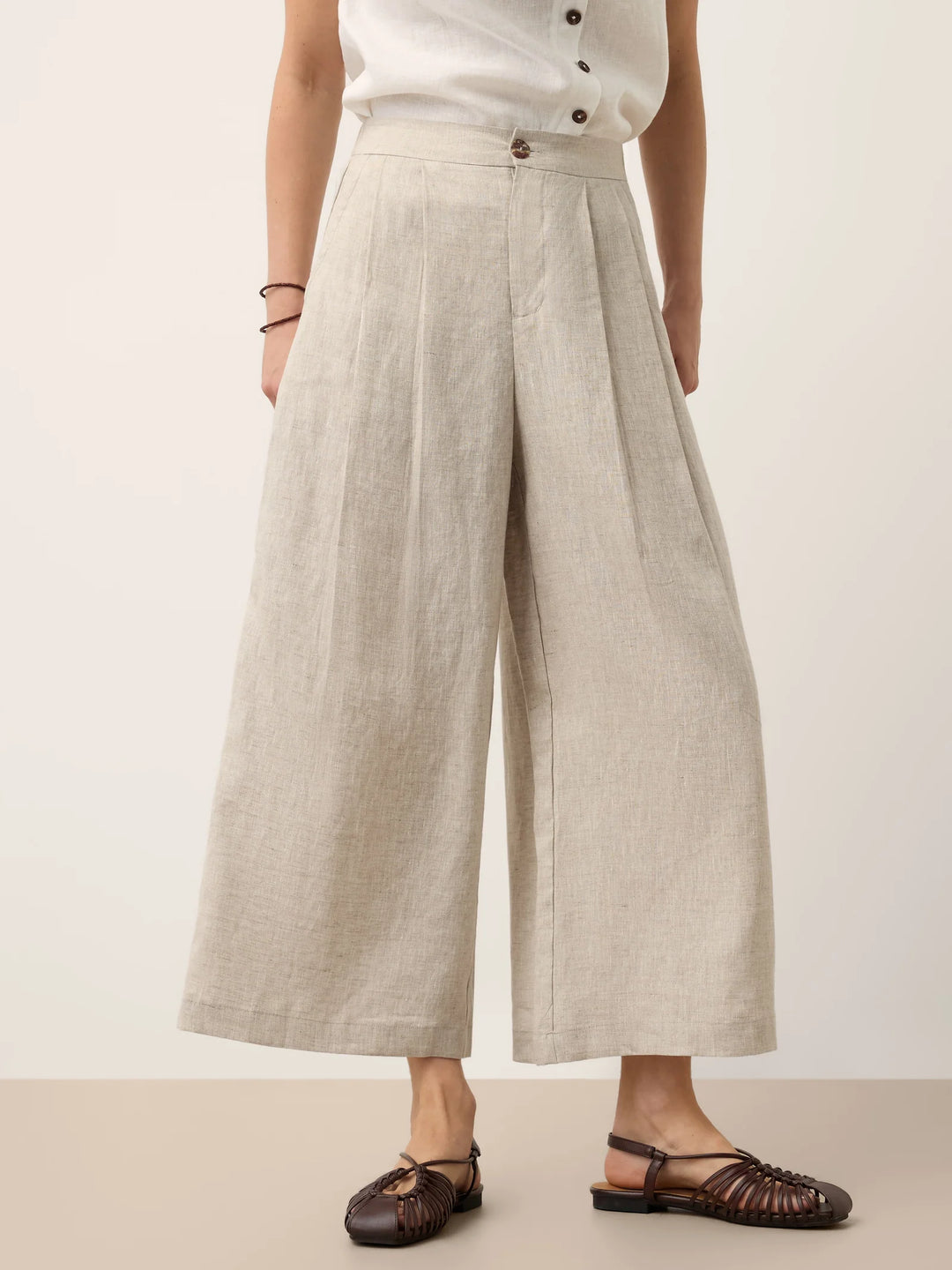 Ramona | Pantalón Ancho Cropped De Lino Con Detalle Calado Y Cintura Elástica