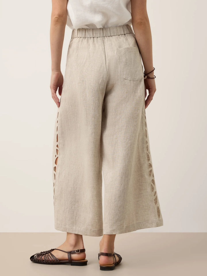 Ramona | Pantalón Ancho Cropped De Lino Con Detalle Calado Y Cintura Elástica