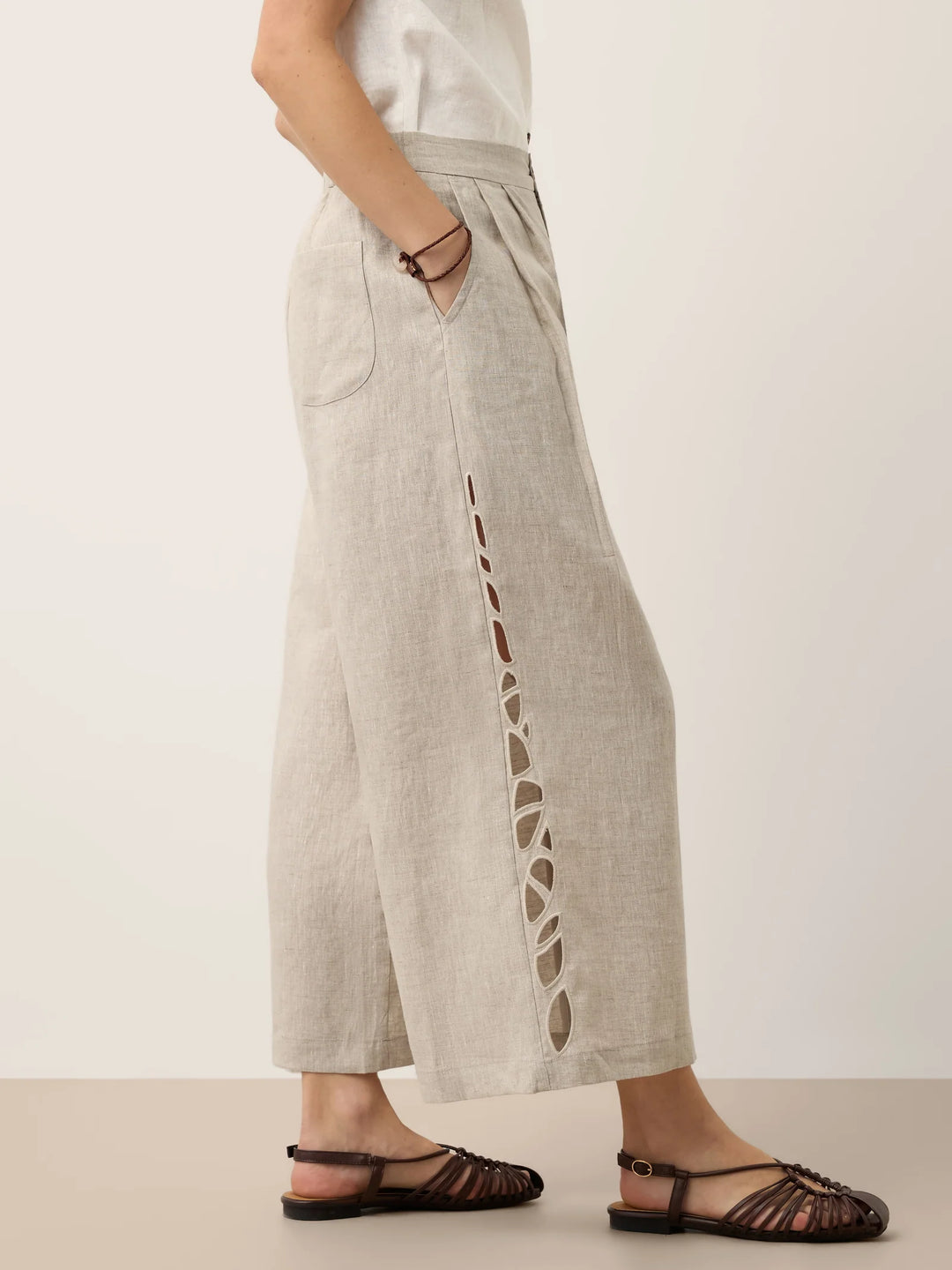 Ramona | Pantalón Ancho Cropped De Lino Con Detalle Calado Y Cintura Elástica