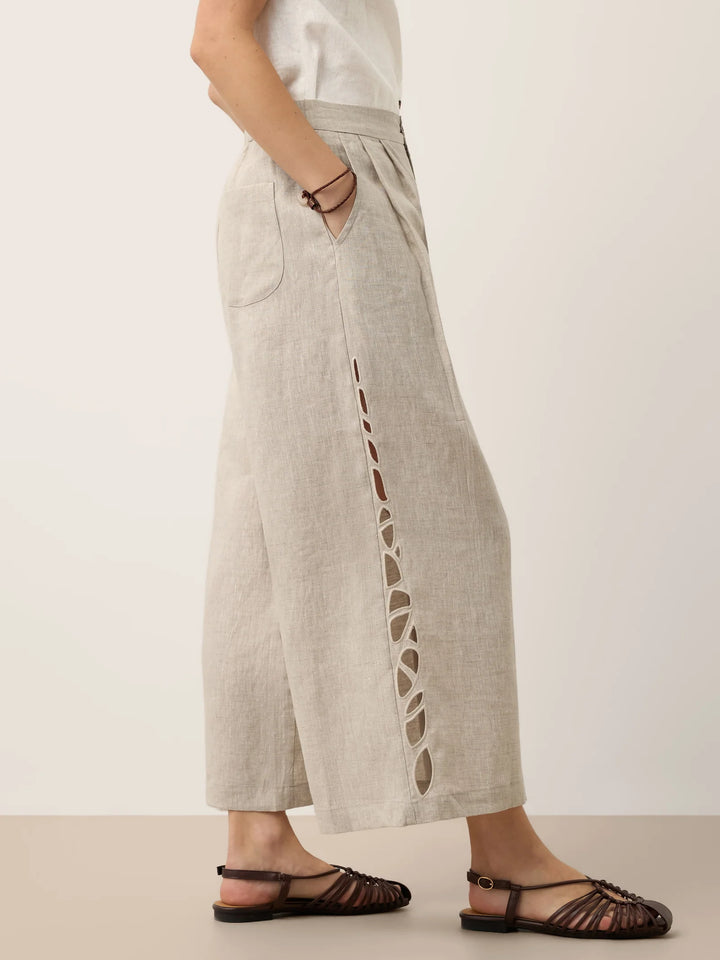 Ramona | Pantalón Ancho Cropped De Lino Con Detalle Calado Y Cintura Elástica