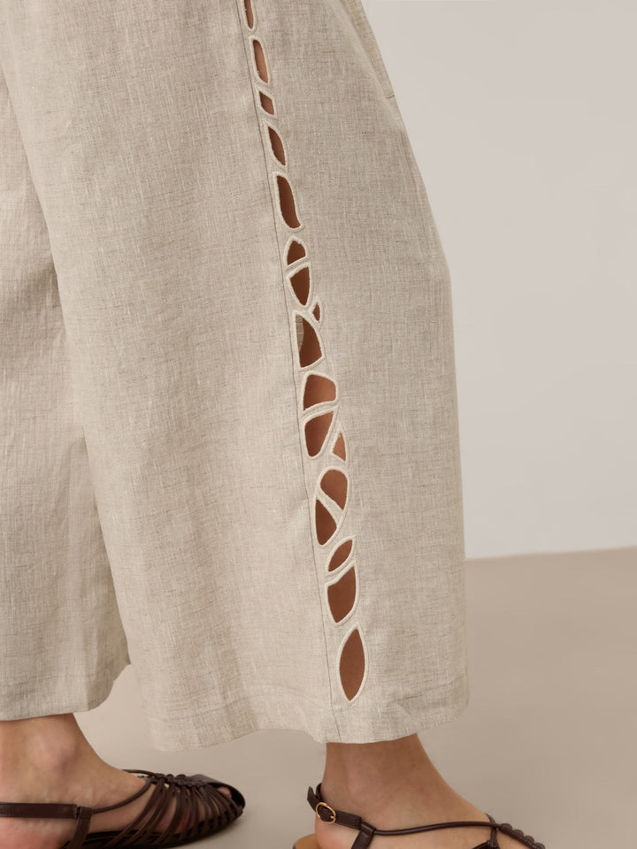 Ramona | Pantalón Ancho Cropped De Lino Con Detalle Calado Y Cintura Elástica
