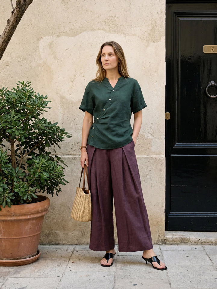Paloma | Culotte Ancho De Lino Con Pliegues Y Cintura Elástica