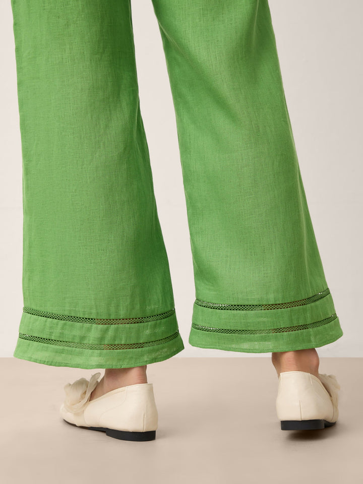 Nerina | Pantalón Cropped Acampanado De Lino Con Encaje Y Cintura Elástica