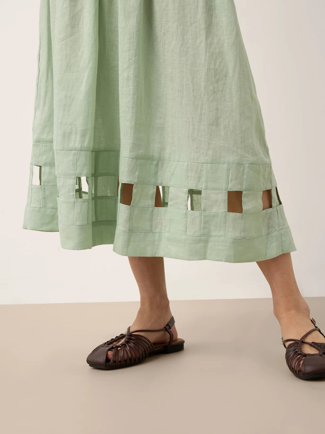 Alinah - Falda Midi De Lino Con Dobladillo De Rejilla Tejida A Mano Y Cintura Elástica