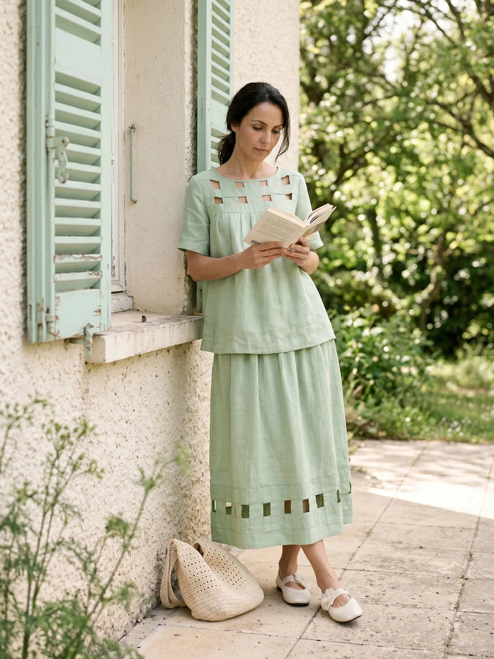 Alinah - Falda Midi De Lino Con Dobladillo De Rejilla Tejida A Mano Y Cintura Elástica