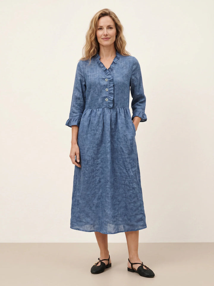 Samara | Vestido Midi Línea A De Lino Con Volantes En El Escote
