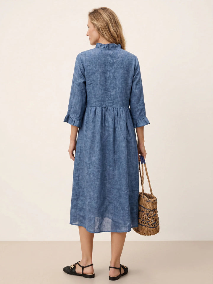 Samara | Vestido Midi Línea A De Lino Con Volantes En El Escote