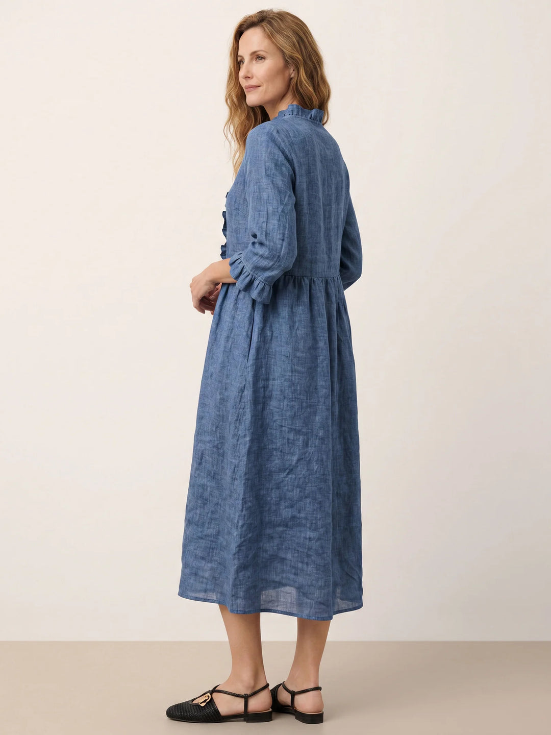 Samara | Vestido Midi Línea A De Lino Con Volantes En El Escote