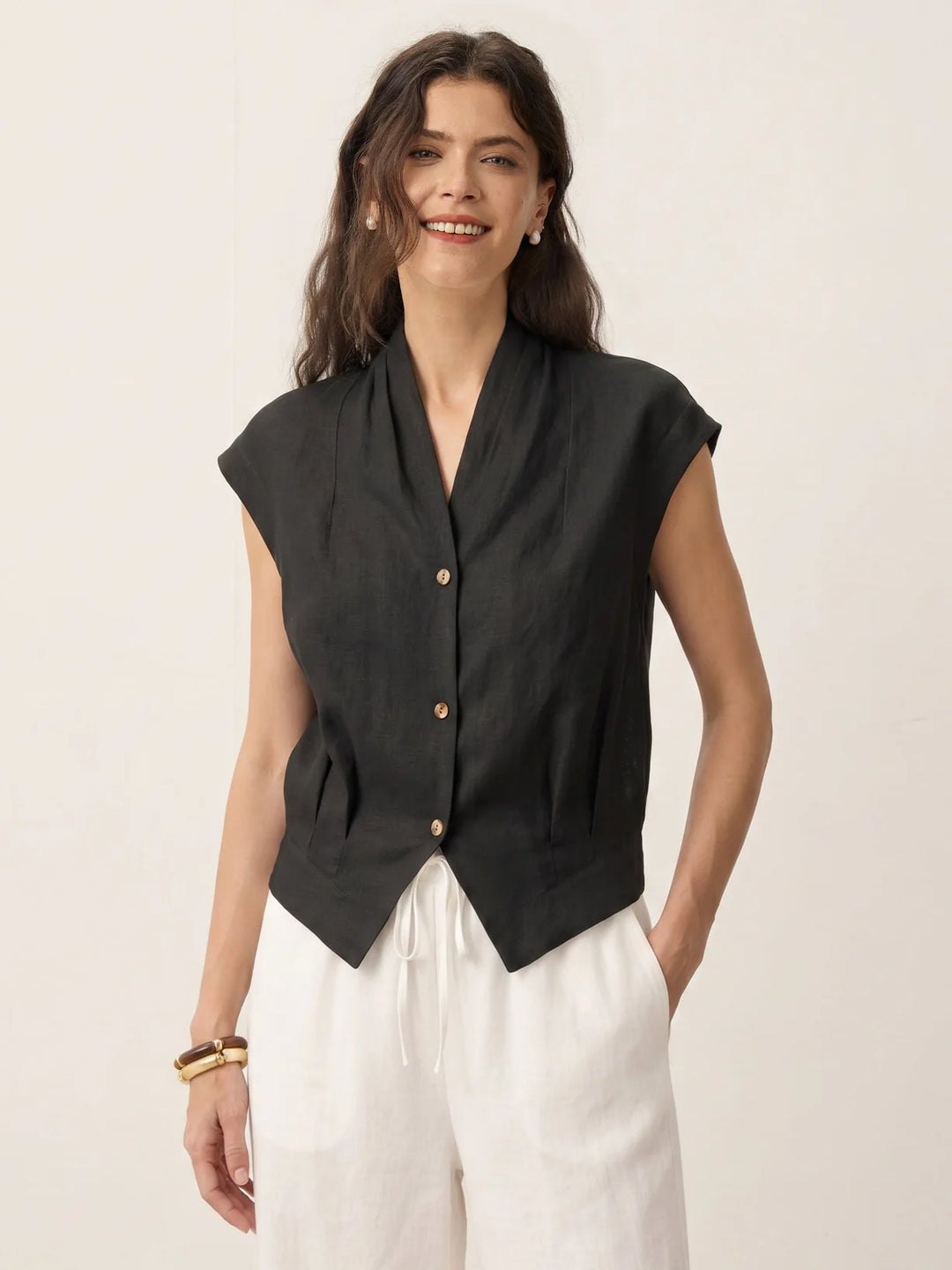 Valeria | Linen Cropped Shirt With Crossover Neckline And Elastic Back