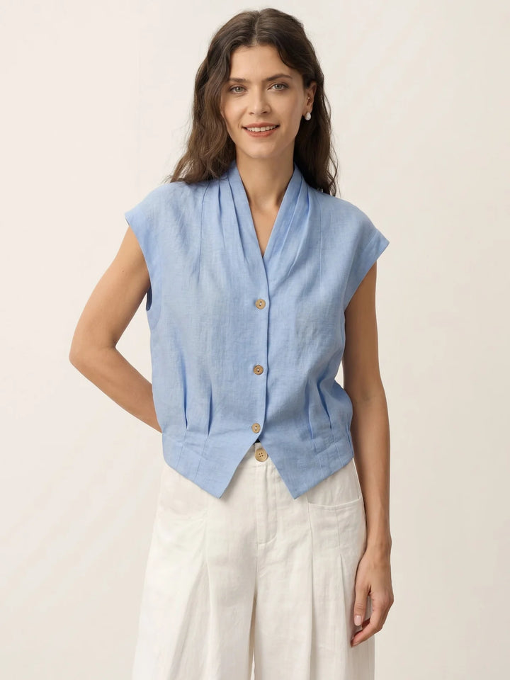 Valeria | Linen Cropped Shirt With Crossover Neckline And Elastic Back