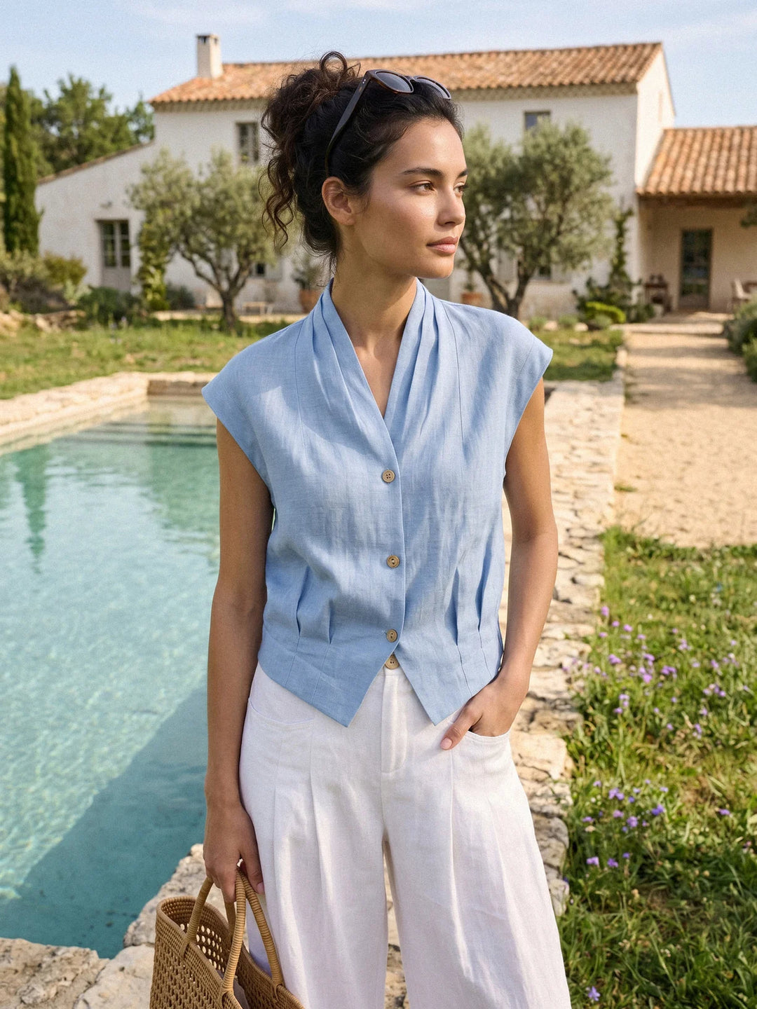Valeria | Linen Cropped Shirt With Crossover Neckline And Elastic Back